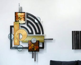 Stylish Wood Metal wall art, Contemporary Modern decor, Geometric Abstract Wall Sculpture, by Alisa