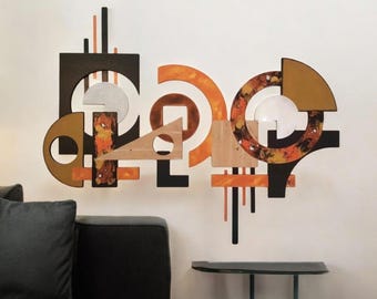 Geometric Geo Abstract Wood and Metal Wall Sculpture 48x36 - 2-piece - Contemporary Unique Wall Decor by Alisa