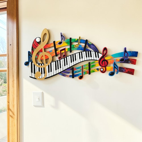 Music Wood Wall Art, Colorful Abstract Music Notes & Piano Keys