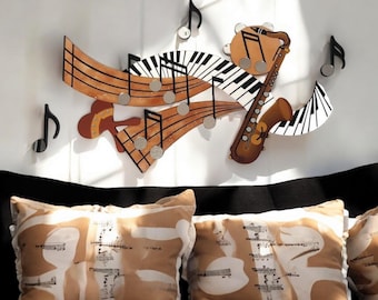 Unique Abstract Music Wall sculpture, Contemporary Sax, Maracas, music notes Wall Decor- 4 piece 50x32 Wood and Mirror wall art by Alisa