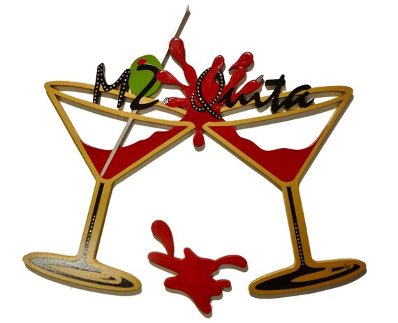 Personalized Name, Splash Martini Glasses Wall art, Custom Martini wall Decor with Crystal accents, by DAS