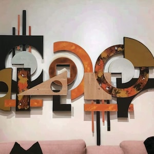 Geometric Geo Abstract Wood and Metal Wall Sculpture 48x38 2 piece wood wall hanging Contemporary Unique Wall Decor by Alisa Art69 image 1