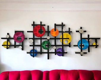 3-piece Wall sculpture, modern wall art, black frame art, Contemporary colorful circles and mirror accents 65x25 by Art69