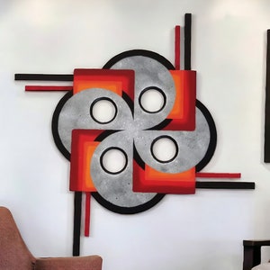 Abstract Wood with Metal Wall Sculpture, orange n gray 30x30 Wall art by Alisa