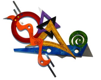 Contemporary Modern Absent minded Spirits Wood Metal Wall Sculpture, Funky Unique Abstract Sculpture Wall art, by DAS