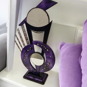 Escultura de mesa abstracta contemporánea morada: escultura abstracta azul y gris, arte de mesa de metal y espejo de DAS