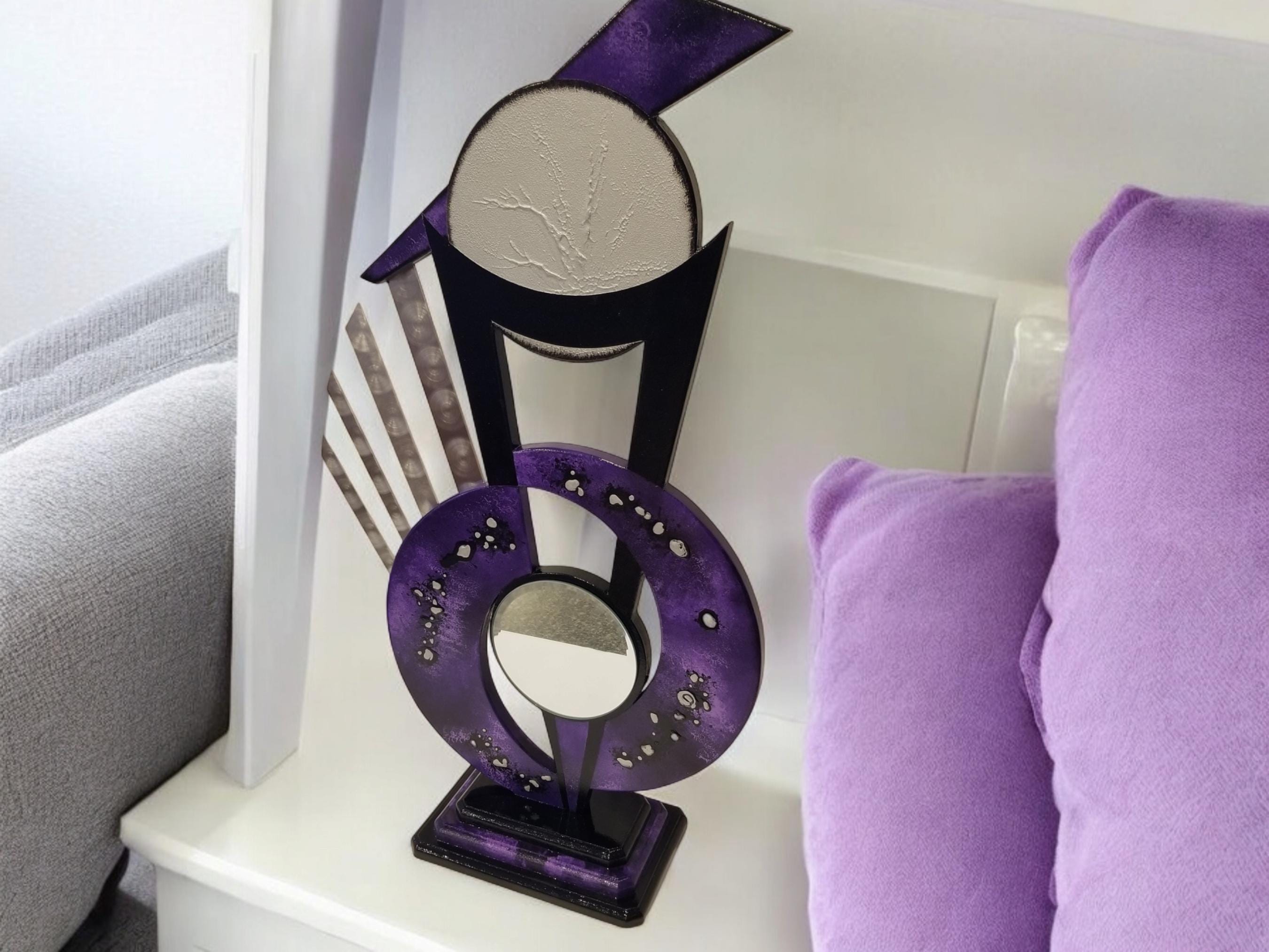 Contemporary Abstract Purple Table Sculpture - Blue, Gray Abstract Sculpture, Metal & Mirror Tabletop Art By Das