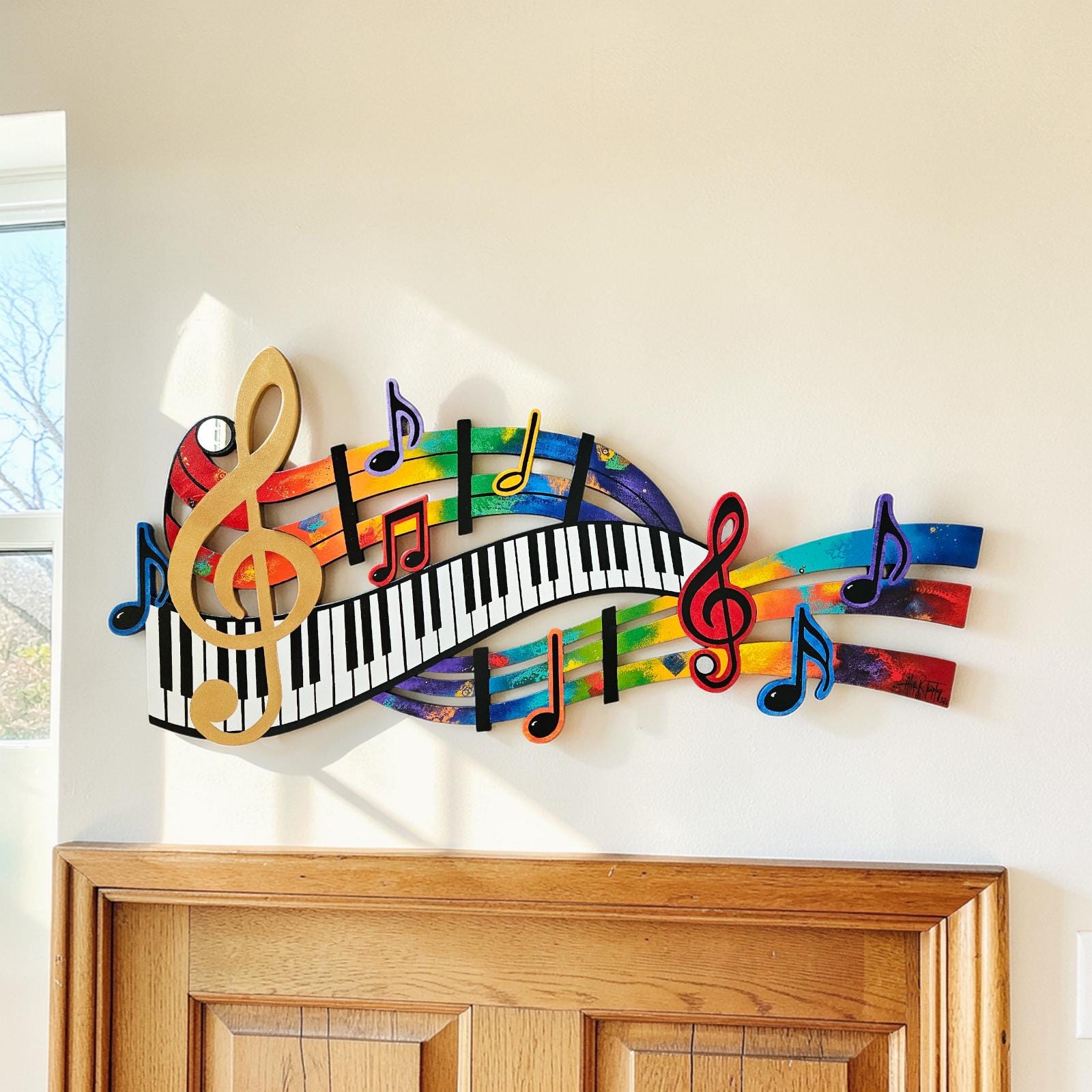 Music Wood Wall Art, Colorful Abstract Music Notes & Piano Keys