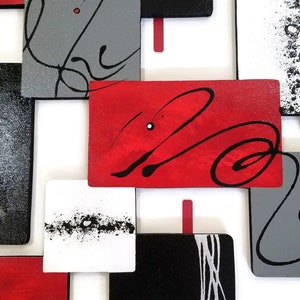 Contemporary Modern Wall Decor Red Black Gray Square Wood and Metal ...