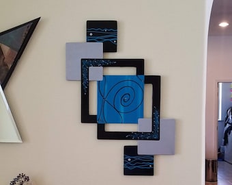 Turquoise wall art, black silver wall decor, swirl square wall art, turquoise wall sculpture, wood wall art,  33.5" x 24 by Alisa