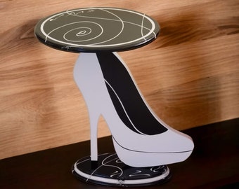 white platform shoe table, high heel table, white black shoe table