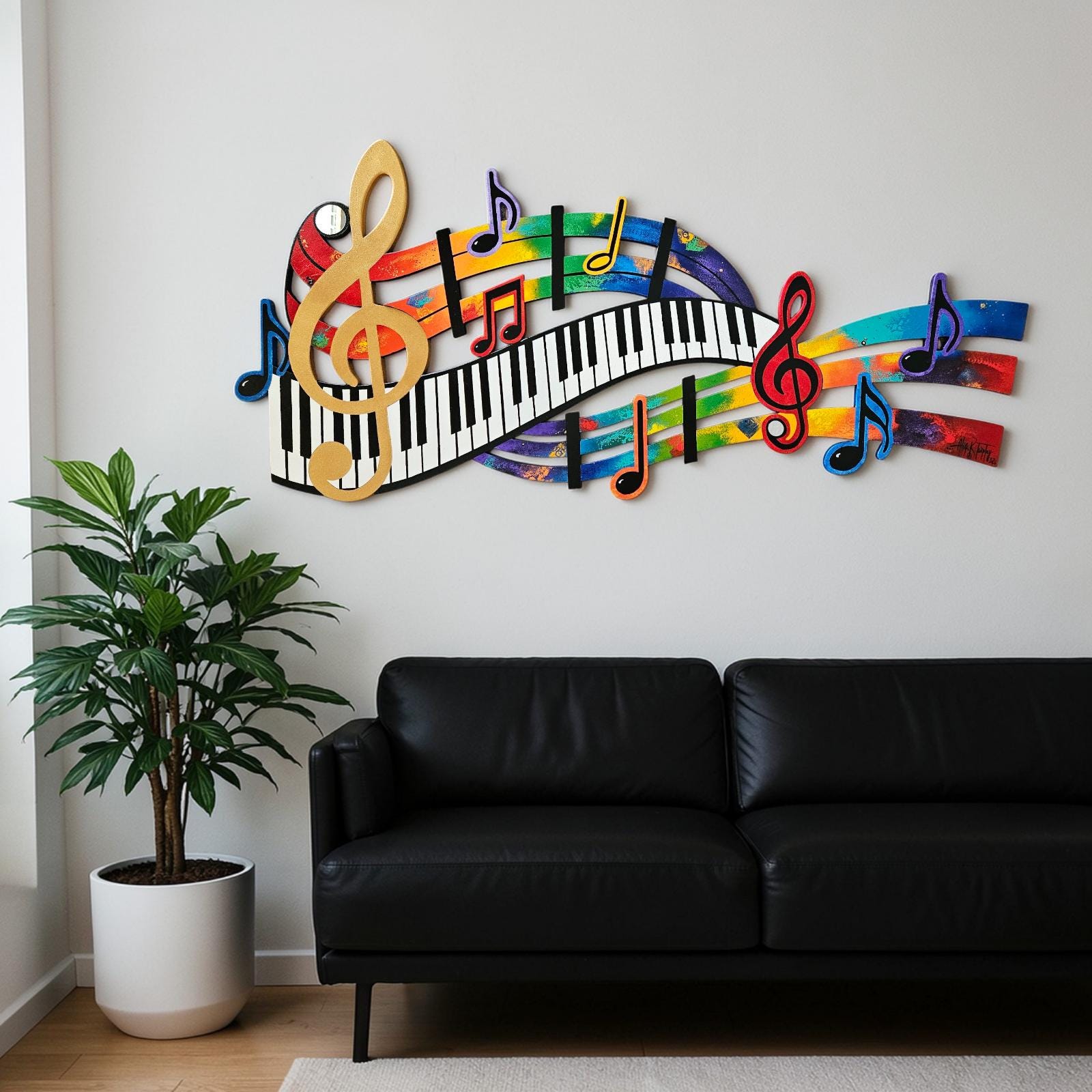 Music Wood Wall Art, Colorful Abstract Music Notes & Piano Keys