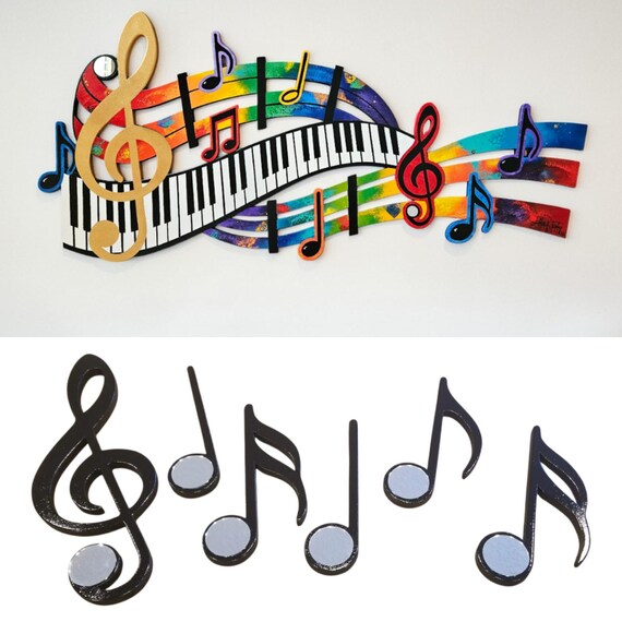 Music Wood Wall Art, Colorful Abstract Music Notes & Piano Keys