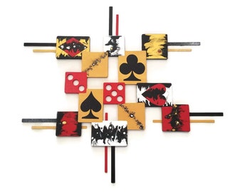 Lucky Red N Gold Play the game, card and dice Wall sculpture, wood with painted metal 42x29 - Art69