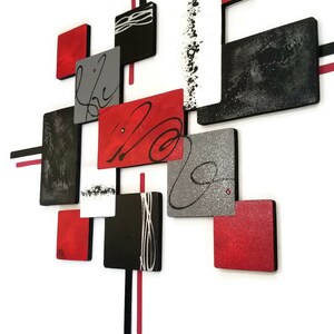 Contemporary Modern Wall Decor Red Black Gray Square Wood and Metal ...