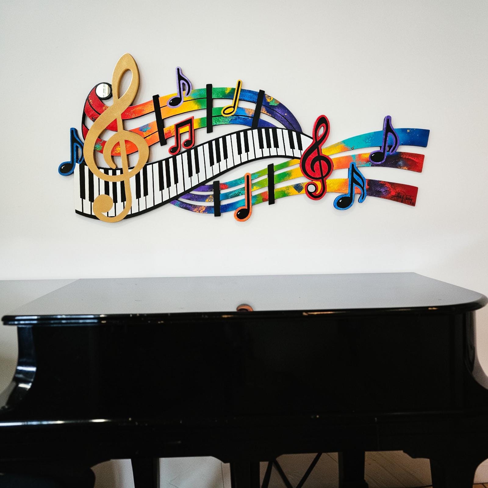 Music Wood Wall Art, Colorful Abstract Music Notes & Piano Keys