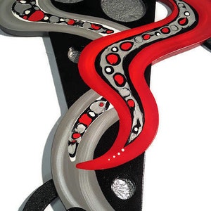 Abstract Red Black and Silver Contemporary Modern Wood and Metal Wall ...