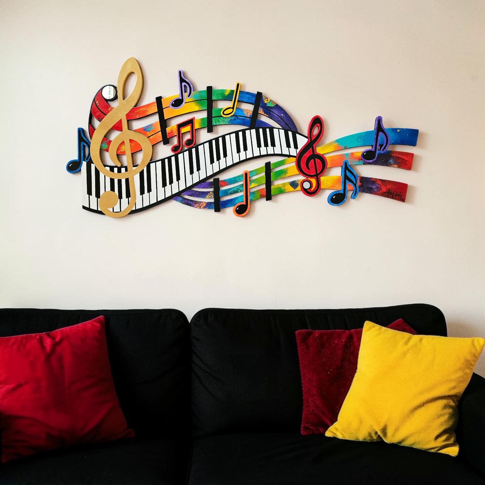 Music Wood Wall Art, Colorful Abstract Music Notes & Piano Keys