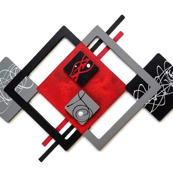 Abstract Sculpture, Layered Square Wood n Metal Wall Art, Red Black Gray Silver wall decor, 35x23 to 60x40 by Alisa