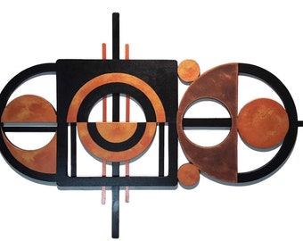 Geometric Wall Sculpture, Contemporary Abstract art, Wood Metal Wall art, Copper & Black Sculpture, Geometry in Motion 46x30 by Alisa