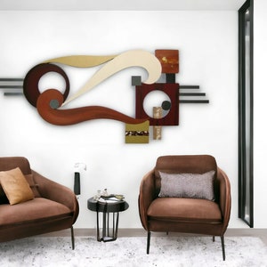 Contemporary Modern Abstract Art wood and metal Wall Sculpture Avalon 48x20 wood wall art, metal mirror art by Art69 image 6