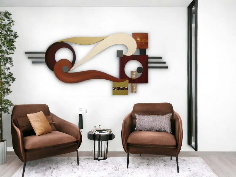 Contemporary Modern Abstract Art wood and metal Wall Sculpture Avalon 48x20 wood wall art, metal mirror art by Art69 image 6