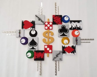 Billiards & Poker Wall Art Sculpture - Wood and Metal decor - Unique Wall sculpture, Game room jumble 45x36 by Alisa