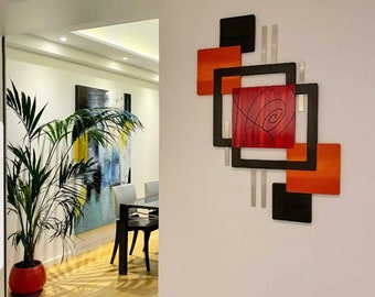 Autumn Red Orange Brown Wood wall hanging with Metal Wall Sculpture , 34" to 38" Abstract Wall Decor by Alisa