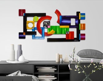 Epiphany Wood Wall Sculpture, Colorful Contemporary Modern Abstract Art, living room, office wall art,  48x24 DAS