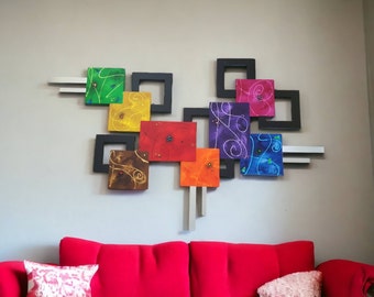 Colorful Wall Decor, Contemporary Abstract wall sculpture, wood with metal wall art, Parade of Colors 51x30 to 65x39 by Art69