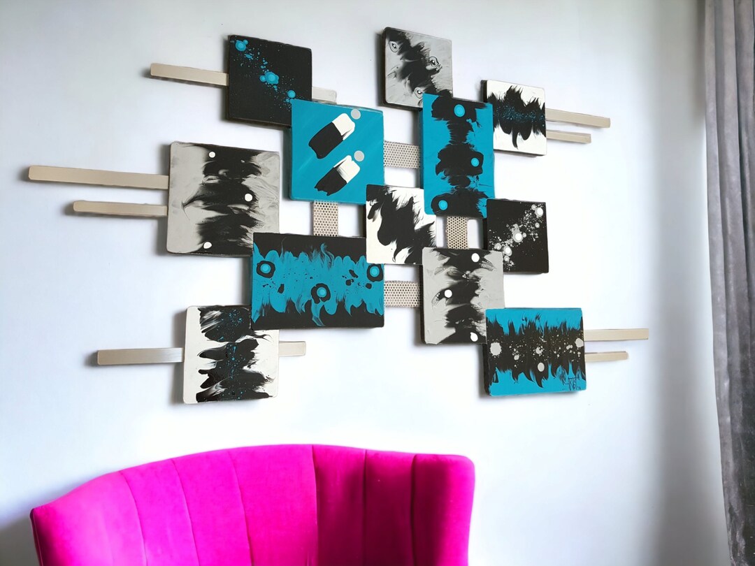 Wood With Metal Turquoise & Black Wall Art Sculpture, Contemporary ...