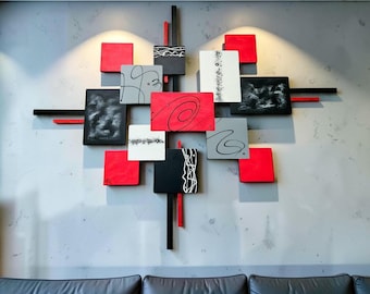 Red Willow Black Gray Modern Wood and Metal Wall sculpture, Abstract wall decor 40x32 to 60x50 by Art69