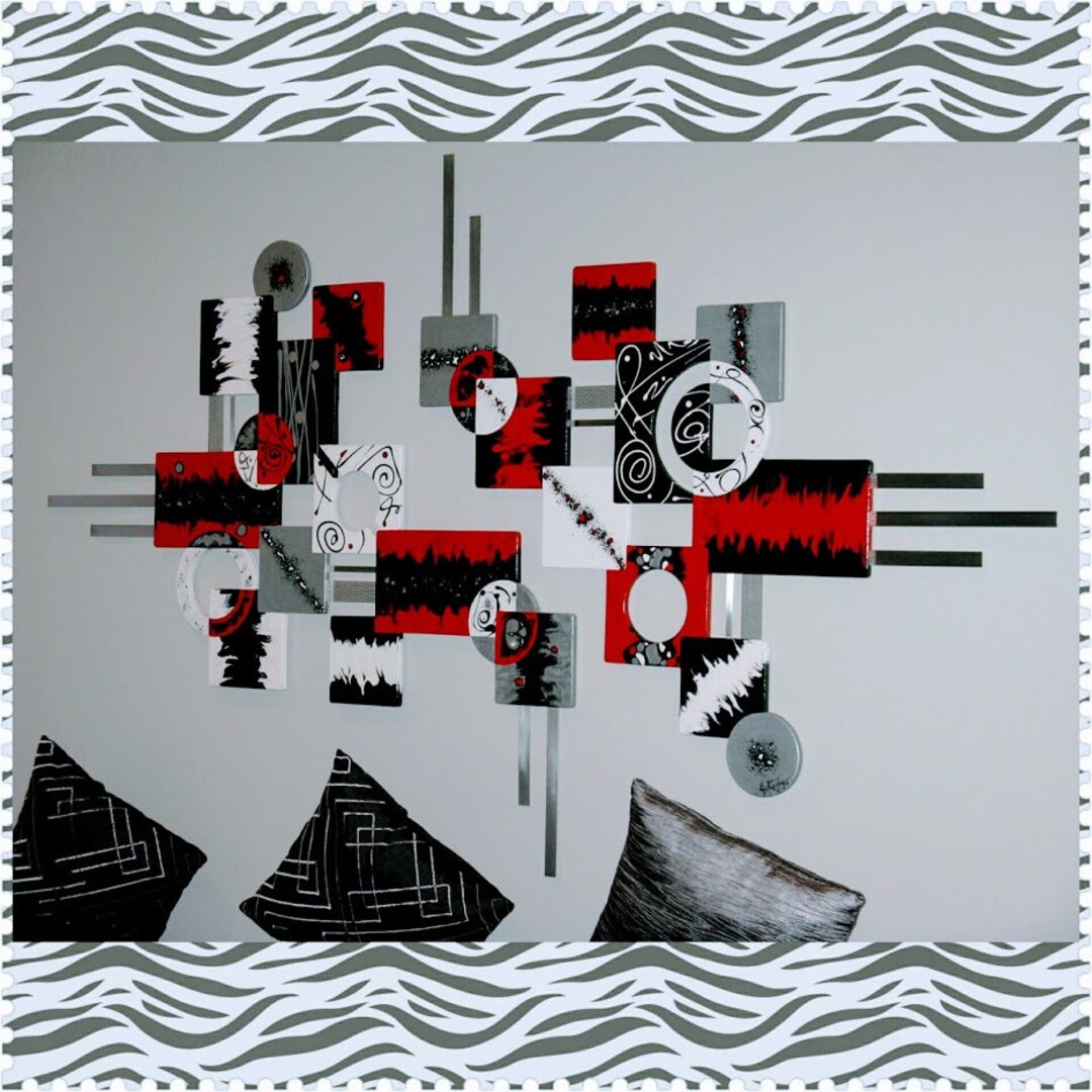 Modern Red Black Wall Art, 2piece Contemporary Square and Abstract