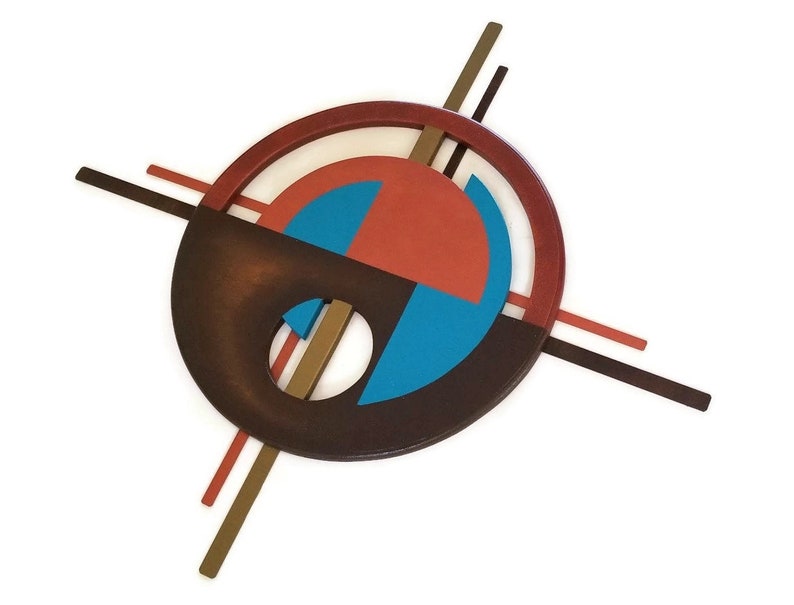 Mid Century Modern Circle wall art Turquoise and Copper Wood Etsy