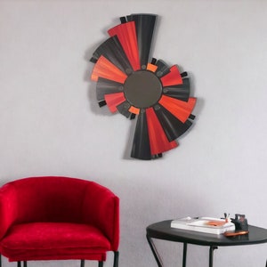 Fancy Contemporary Abstract Red Orange Gray and black Mirror wall art with Metal, Mirror Sculpture, Mirror wall art 27x18 by Alisa