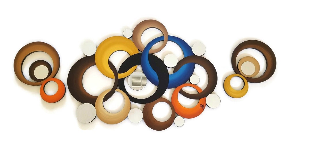 Modern Abstract Circle Wall Art, Contemporary Blue, Orange, Brown