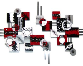 Modern Red and Black Abstract Wall Sculpture, Contemporary geometric Wall decor, Wood & Metal art 68x40