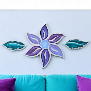 Purple and Teal 3 pc Floral Delight Wall Hangings- wood wall decor, purple Sculpture, gift for her, 45x24 to 53x26 by Alisa