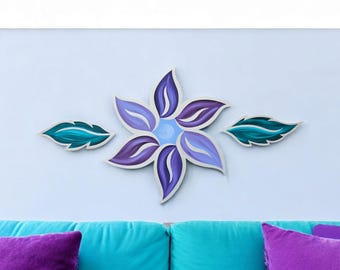 Purple & Teal Floral Delight Wall Art, Flower wall Sculpture, 45x24 to 53x26 by Alisa
