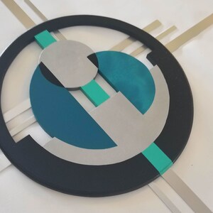 Mid Century Modern Circle Wall Art, Teal, aqua, Wood & Metal Abstract Sculpture 32" to 39" by Art69 image 4