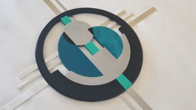 Mid Century Modern Circle Wall Art, Teal, aqua, Wood & Metal Abstract Sculpture 32" to 39" by Art69 image 4