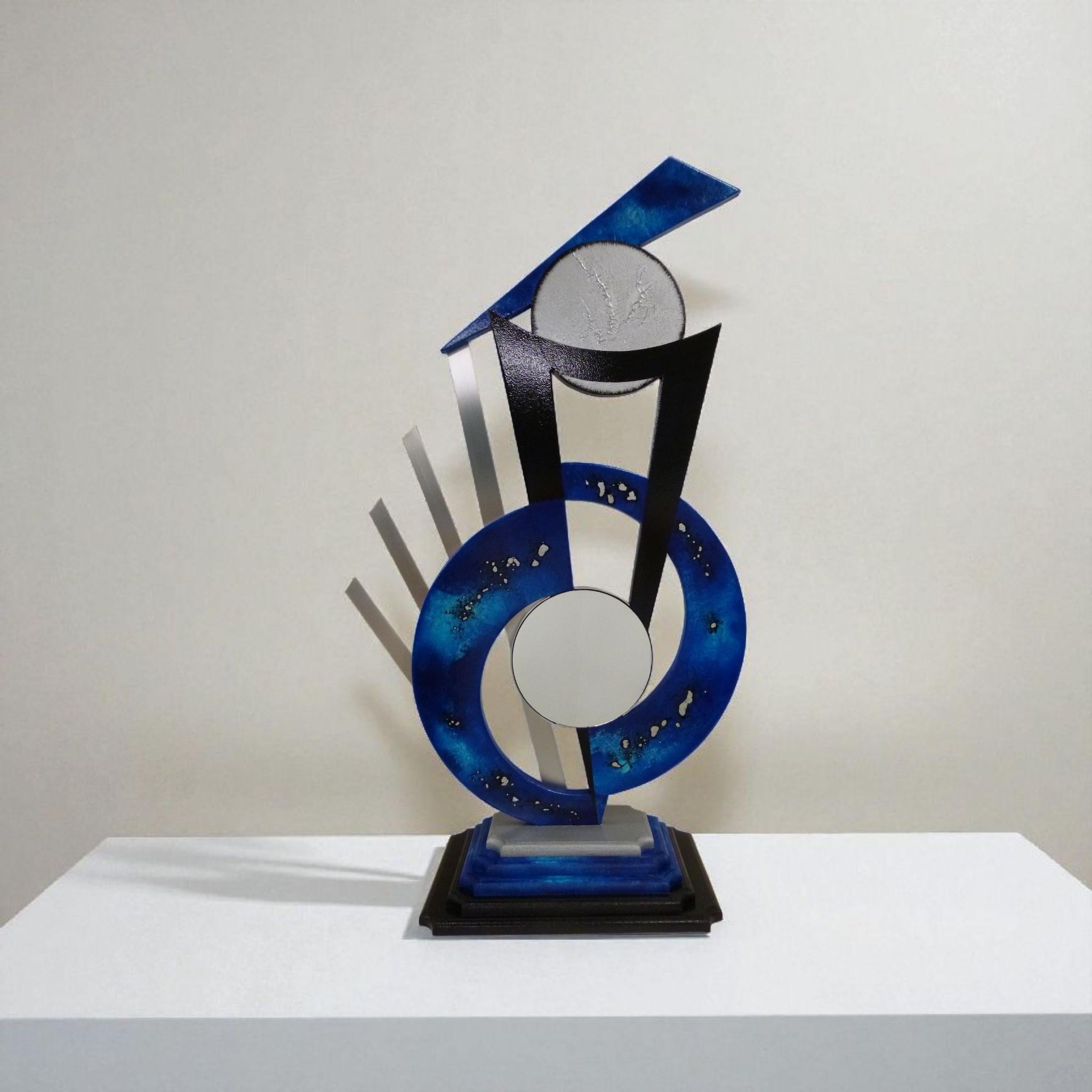 Contemporary Sonic Blue, Metal & Mirror Table Sculpture, Abstract Modern Tabletop Wood & Sculpture, By Alisa