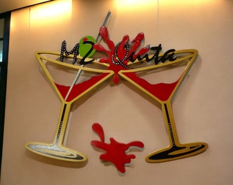 Personalized Name, Splash Martini Glasses Wall art, Custom Martini wall Decor with Crystal accents, by DAS