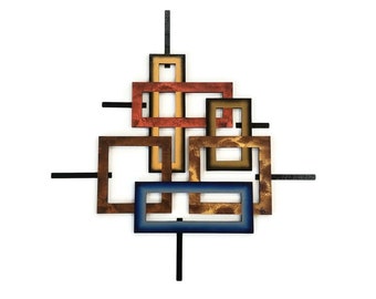 Faux Frame wall art, Mid Century Modern decor, Wood and Metal Wall Sculpture. Blue accent, Teal option 38x37 to 63x66 by Alisa