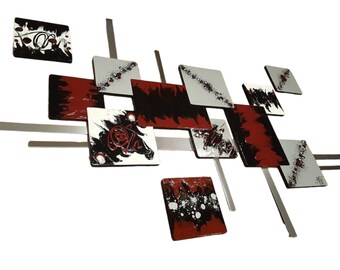 Blazing Burgundy wall art, Unique Abstract Sculpture, Square Wood and Metal Wall decor- Large 4-pc 50x32 by Art69