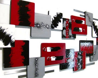 HUGE Modern Abstract Red & Black Wall Sculpture, wood and metal wall art, Contemporary art, 95x25 by Alisa / DAS