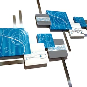 Contemporary Modern Wall art, Turquoise and Gray Abstract Swirly Square Wall Decor, Wood with Metal wall art  53x25 by DAS