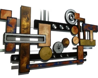 Contemporary Mid-Century Abstract Wood wall decor, Wood and Metal Wall Sculpture, Desert Moon (DM15) 43x23 by Alisa