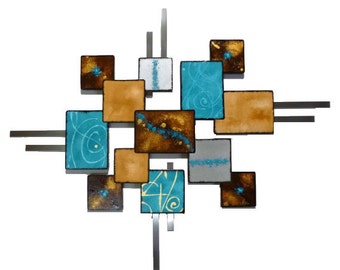 Turquoise & Brown Textured Geometric Wood and Metal Abstract Wall art, Laguna Square Wall Decor, 40x32 and 60x50 by Alisa