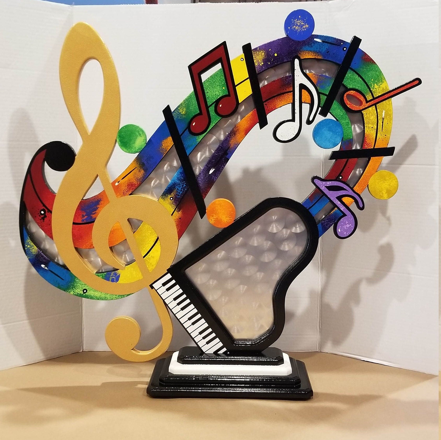 Unique Music Table Sculpture, Gold Clef Note & Brushed Metal Accents, Piano Sculpture, 25x20 To 28x24 By Das